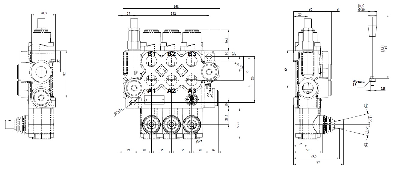 Schéma distributeur hydraulique 40l/min 1 double effet commande par levier